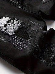 Men's Black Distressed Jeans Skull Patch & Embroidery Letter Print Slim Fit Stretch Denim Pants Street Fashion Biker Trousers