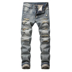 Punk Street Style Ripped Skinny Jeans Men Vintage Wash Solid Denim Trouser Mens Casual Slim Fit Pencil Denim Holes Pants 2024