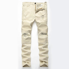 Trendy Brand Motorcycle Men's Jeans Unique Ripped Slim Fit Streetwear High Elasticity Smooth Slimming Effect Casual Denim