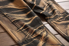Jeans Men Vintage Distressed Pencil Pants Mid Waist Zipper Pockets Slim Ankle Length Trousers