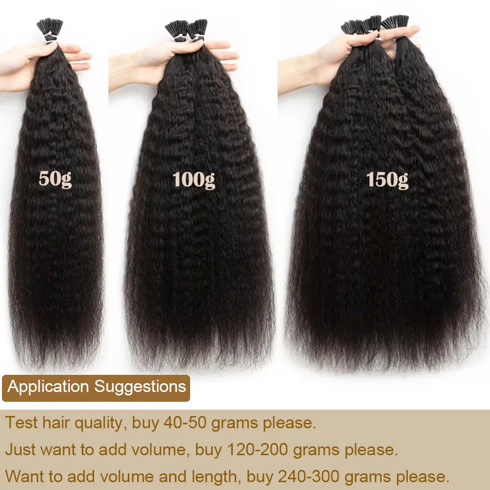 Kinky Straight Microlinks Hair Extensions Human Hair Natural Black Keratin I Tip Nano Ring Hair Extension Silicone Beads 50g/Set