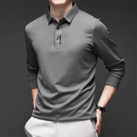 New Men's Business Casual Long Sleeved Shirt with Badge Solid Color Polo Shirt
