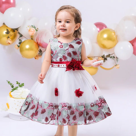 Kids Party Dresses For Girls Flower Embroidery Dress Gown For Infant 1st Birthday Wedding Bow Princess Baptism Christmas Dress