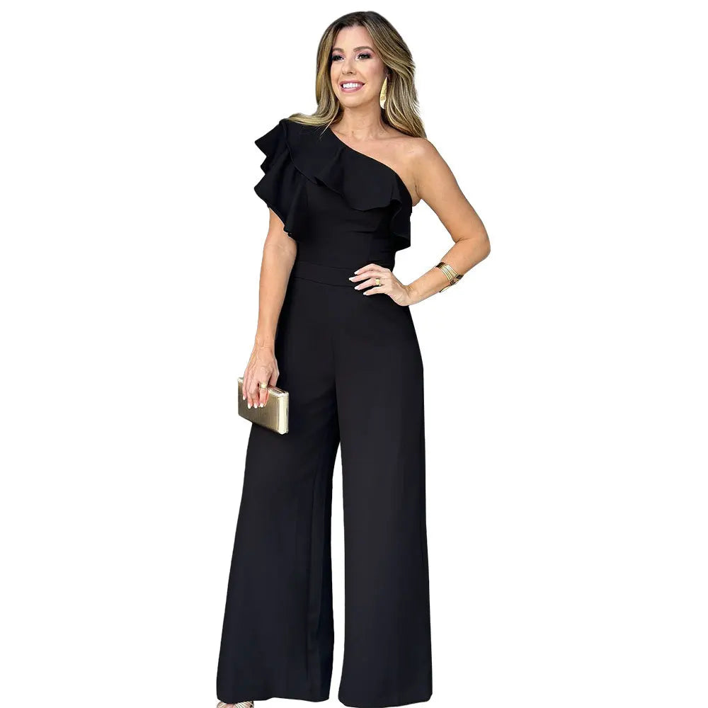 Casual Women's Solid Color Jumpsuits Summer Oblique Collar Black Ears HighlegFashion Summer Jumpsuits s