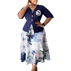Women's Summer Fashion Patchwork Dress 2026 Printed Five-Quarter Sleeve Fake Two-Piece