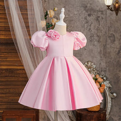 Girls Pink Puff Sleeve Knee Length Dress Kids Dresses for Girls Summer Children Girls Birthday Party Dress 8-12 Years ASQ03