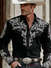 Men's Western Cowboy Style Fashion Print Long-Sleeve Shirt, Retro Lapel Slim Fit, Outdoor Casual Shirt, Sizes XS-6XL, 21 Colors
