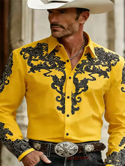Men's Western Cowboy Style Fashion Print Long-Sleeve Shirt, Retro Lapel Slim Fit, Outdoor Casual Shirt, Sizes XS-6XL, 21 Colors