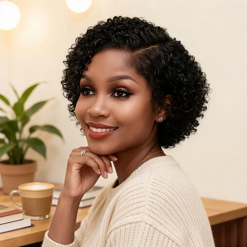Elegant Curly Wave Pixie Cut 13x4x1 Lace Front Preplucked Remy Human Hair Wig for Women