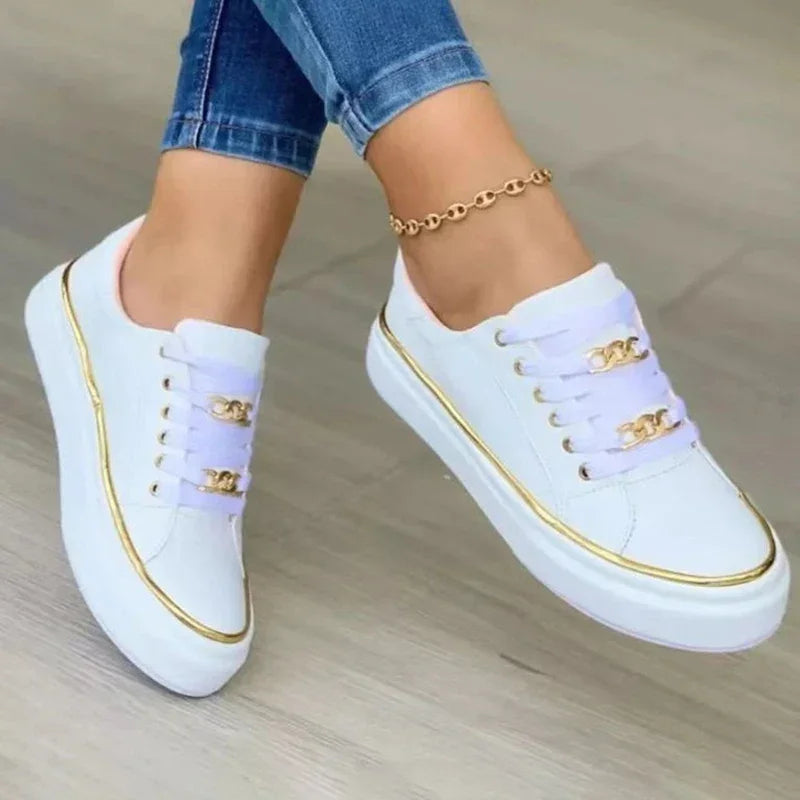 Women's Sneakers 2024 New Fashion Chain Leather Comfortable Round Toe Platform Sneakers Lace-up Walking Women's Vulcanized Shoes