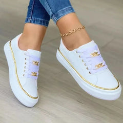 Women's Sneakers 2024 New Fashion Chain Leather Comfortable Round Toe Platform Sneakers Lace-up Walking Women's Vulcanized Shoes