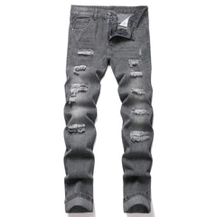 American Fashion Street Style Ripped Skinny Jeans  Street Riding Stretch Slim Fit Straight Pants Patchwork  Denim Trousers Male