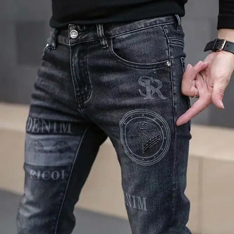 High End Stylish Classic Distinctive Printed Black Stretch Denim Jeans for Men