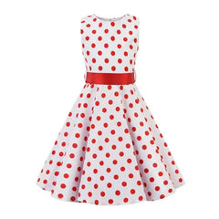 Girls Vintage Dress Party Retro Polka Dot Floral Pattern A line Dresses Pleated Skirt Knee Length for 4-10 Years