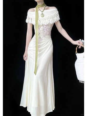 Elegant Luxury New Off Shoulder Floral Print Dress Women Tassel Ruched Fishtail Dress Chic French Style Party Banquet Daily Date