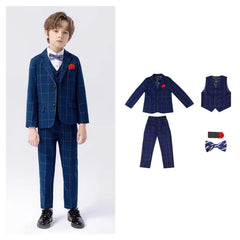 90-170 Teenager Kids Spring Beige 4Pieces/s Jacket Vest Pants Bowtie Wedding Dress Boys Photography Suit Children Host Costume