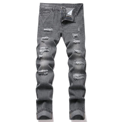 American Fashion Street Style Ripped Skinny Jeans  Street Riding Stretch Slim Fit Straight Pants Patchwork  Denim Trousers Male