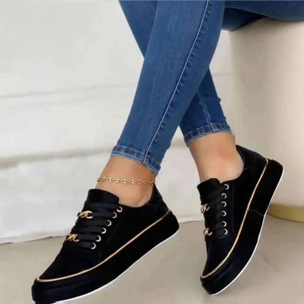 Women's Sneakers 2024 New Fashion Chain Leather Comfortable Round Toe Platform Sneakers Lace-up Walking Women's Vulcanized Shoes