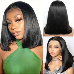 100% Vietnamese Super Double Drawn Bone Straight 13x4 Frontal Bob Wig with Human Hair Natural Black 210% Density For Black Women