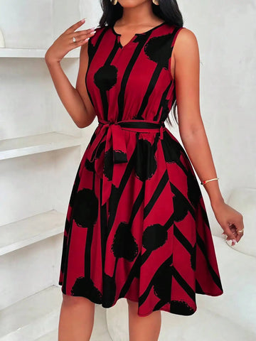 Mini Dress Spring Summer Women Red Black Brush Print Sleeveless Notch Neck Self Tie A-Line Casua dressl