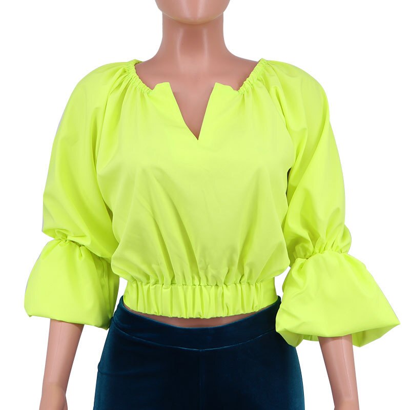 CM.YAYA Women Bow Back Cut Out Waist Lantern Three Quarter Sleeve V-neck Blouse and Shirt Tops for 2022 New Summer Spring