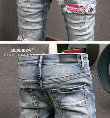 Men's Clothing Autumn and Winter Slim-fit Jeans Ripped Leggings Trendy Brand Cotton Handsome Trousers