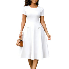 2026 Women's Elegant Simple Solid Color Dress Round Neck A-Line Shape Slimming Effect Waist-Slimming Full Dress