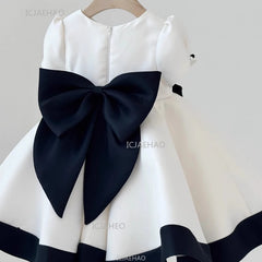 Baby Girl Princess Bow Pearl Silk Dress White Clothing Infant Toddler Vintage Vestido Wedding Party Birthday Baby Clothes 1-14Y