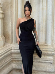 Women Maxi Dresses Sexy Split Black Sleeveless Backless Slim Dress Summer Female Fashion Off Shoulder Club Elegant Party Dresses