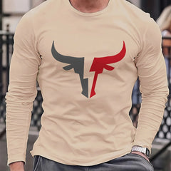 Men's 100% pure cotton loose fit plus size comfortable casual sports bull pattern printed round neck long sleeved T-shirt top