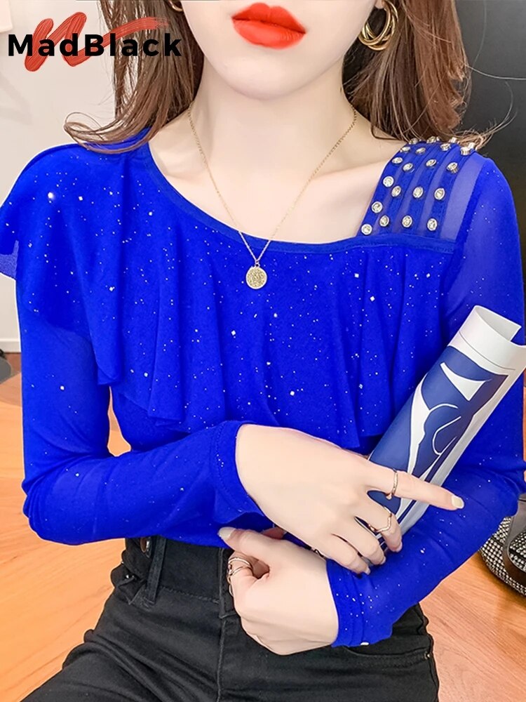 Summer 2022 Mesh T-Shirt Women Handmade Diamonds Ruffles Women Tops Tees Slim Sexy Oblique Collar Short Sleeve New T26201