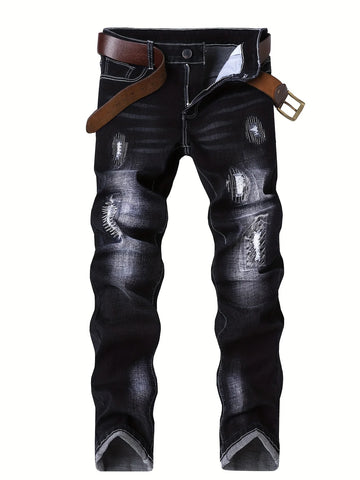 Motorcycle Trendy Straight Men's Jeans Elastic Washed Fashion Streetwear Denim Pants Embroidery Hip-Hop Trousers (Without Belt)