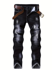 Motorcycle Trendy Straight Men's Jeans Elastic Washed Fashion Streetwear Denim Pants Embroidery Hip-Hop Trousers (Without Belt)