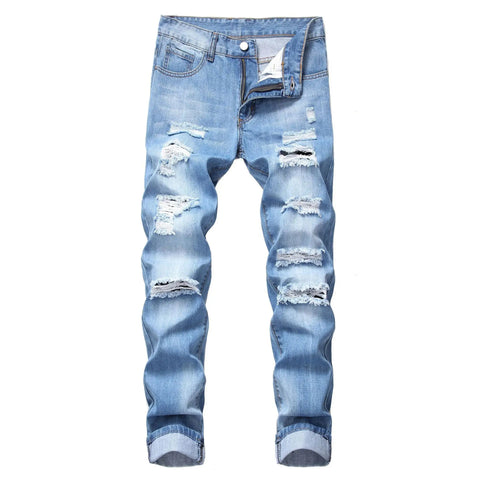 American Fashion Street Style Ripped Skinny Jeans  Street Riding Stretch Slim Fit Straight Pants Patchwork  Denim Trousers Male