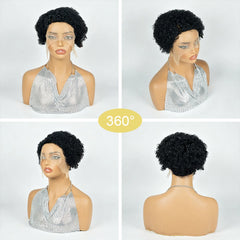 Natural Black Short Tight Kinky Curly Lace Front Pixie Cut Human Hair Wig Lightweight Solid Black Small Curl Short Lace Front Pixie Wig13x4x1 Lace Front Full Machine Made For Office Routine Dating & Various Formal Gatherings
