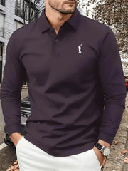 Men's Autumn Collared Polo Shirt Solid-Color Long-Sleeve Polo with Minimalist Chest Print Suitable for Business Casual and Golf