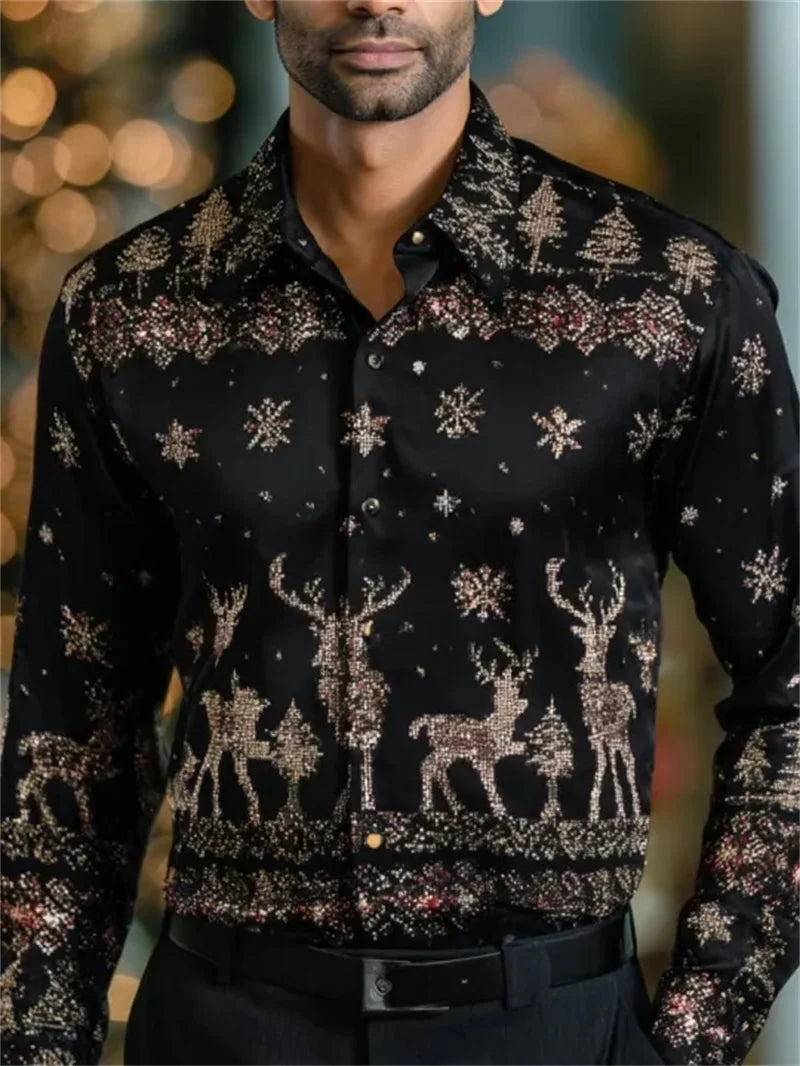Men's business long sleeved button up shirt, Christmas 3D printed pattern, fashionable long sleeved casual shirt, high-quality c