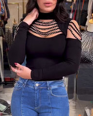 Studded Ladder Cutout Long Sleeve Top Women Spring Summer Hollow Out Fashion Casual T Shirt Pullover Tops