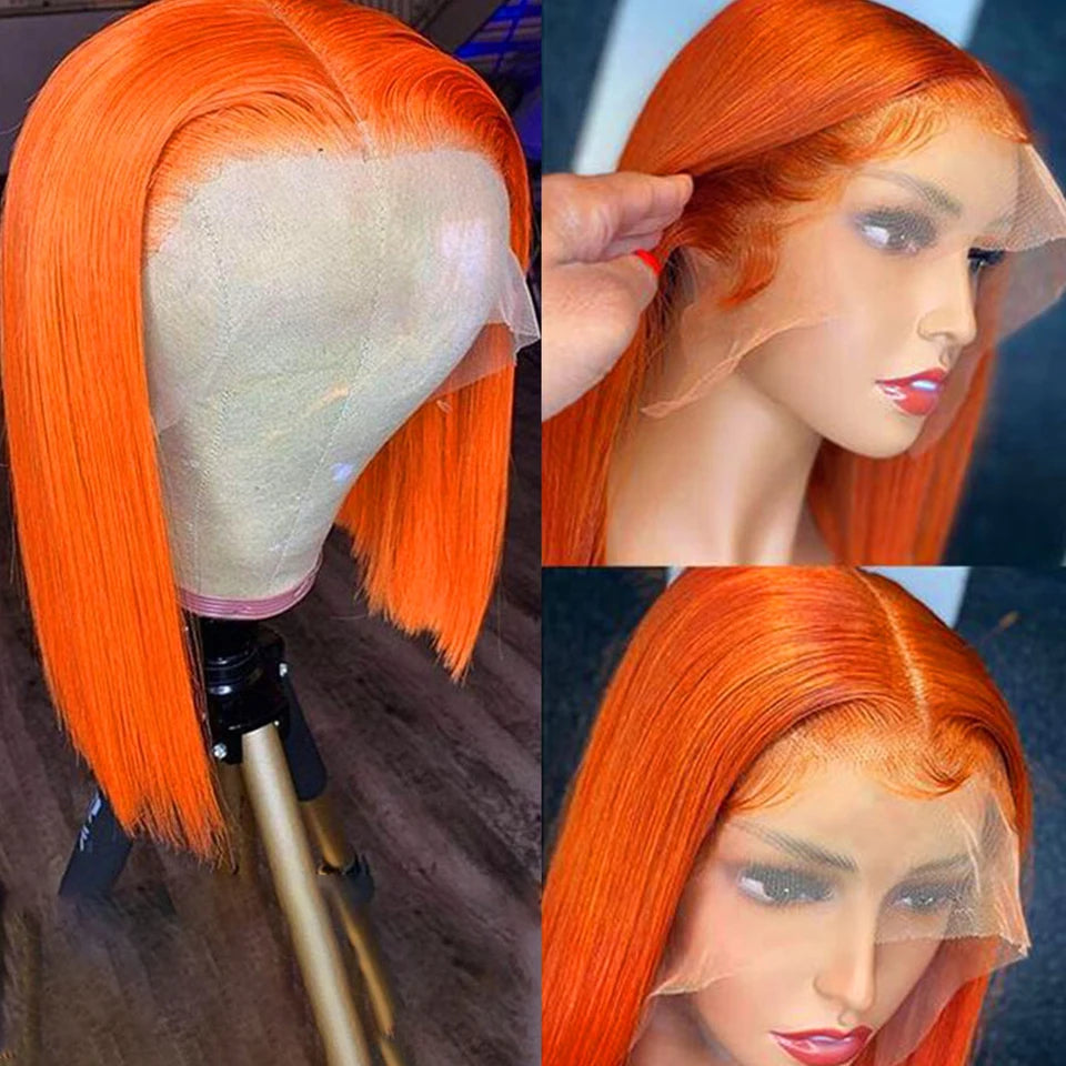 Ginger Orange Bone Straight Short Bob HD Transparent 13x4 Lace Frontman hair