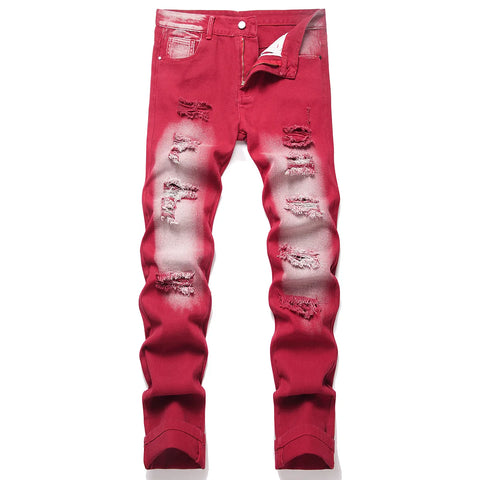 American Fashion Street Style Ripped Skinny Jeans  Street Riding Stretch Slim Fit Straight Pants Patchwork  Denim Trousers Male