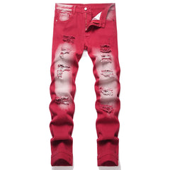 American Fashion Street Style Ripped Skinny Jeans  Street Riding Stretch Slim Fit Straight Pants Patchwork  Denim Trousers Male