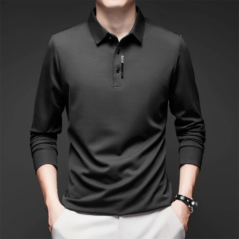 New Men's Business Casual Long Sleeved Shirt with Badge Solid Color Polo Shirt