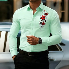 Men's Long-Sleeved Shirt, Featuring a Vintage Red Rose Print Design. A Stylish