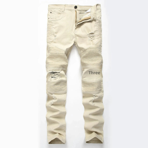Trendy Brand Motorcycle Men's Jeans Unique Ripped Slim Fit Streetwear High Elasticity Smooth Slimming Effect Casual Denim