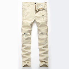 Trendy Brand Motorcycle Men's Jeans Unique Ripped Slim Fit Streetwear High Elasticity Smooth Slimming Effect Casual Denim