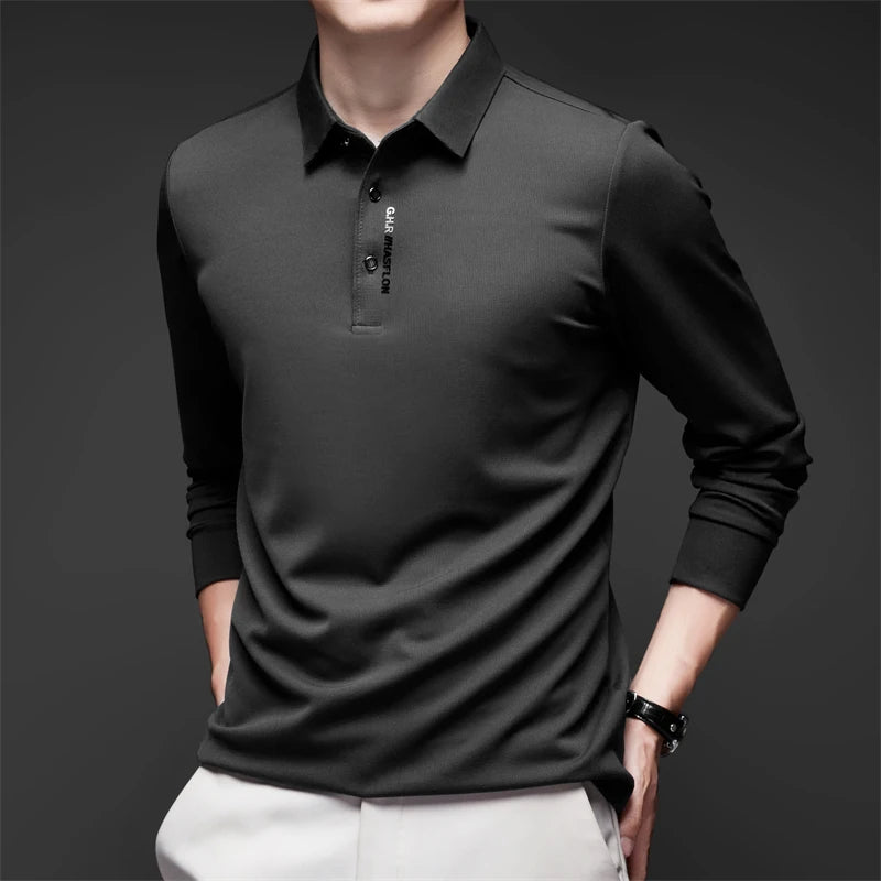 New Men's Business Casual Long Sleeved Shirt with Badge Solid Color Polo Shirt