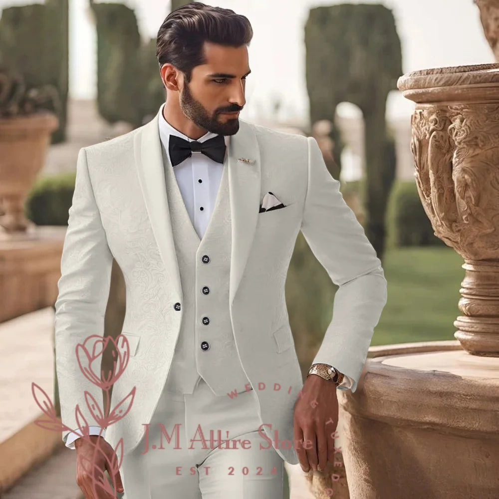Men's White Jacquard Suit 3pcs Jacket Vest Pants Elegant Formal Fashion Set for Groom Wedding Prom Party Stylish Custom Tuxedo