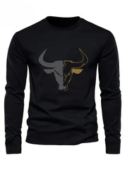 Men's 100% pure cotton loose fit plus size comfortable casual sports bull pattern printed round neck long sleeved T-shirt top