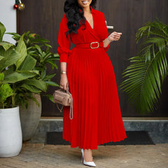 Elegant V Neck Lace-up Belted Party Dresses Women Spring Pleated Dress Autumn Three Quarter Sleeves Office Lady Dress Vestidos