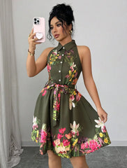 Tropical Print Halter Neck Dress, Vacation Style Backless Dress For Spring & Summer, Women Clothing Women Dress Summer Slimming